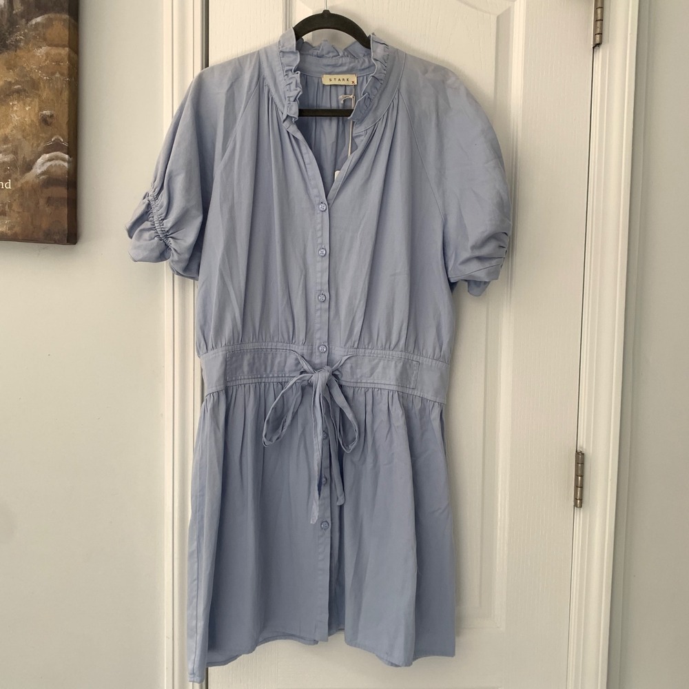 NWT Stark X Women Abby Mini Dress Clear Water Blue Cotton Ruffle‎ Tie Waist Sz L